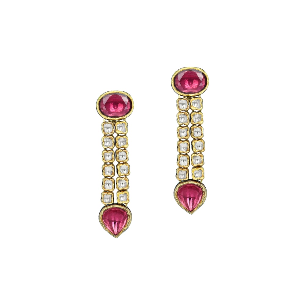 Polki Diamond Necklace Set with Deep Pink Gemstones and Drop